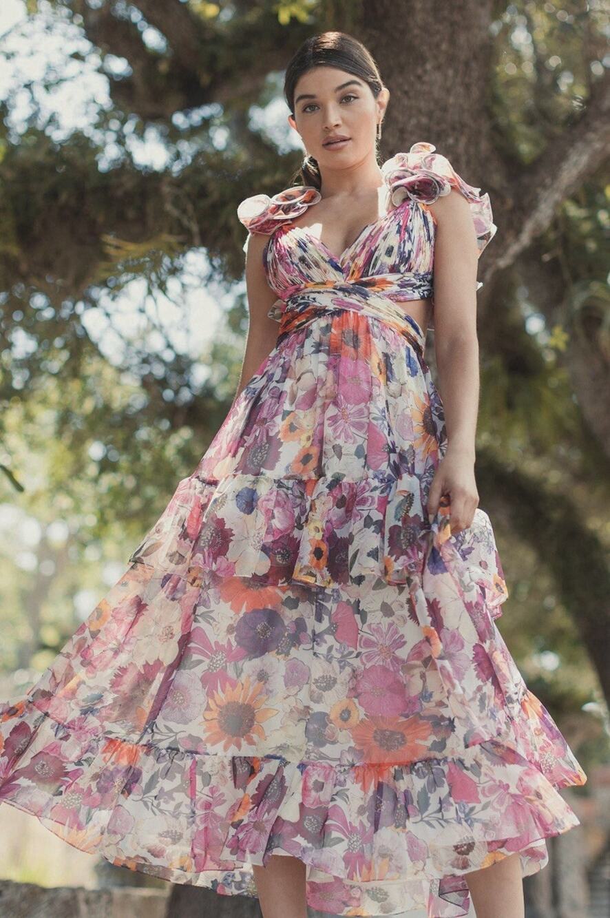 Ieena Mac Duggal Floral Chiffon Midi Dress 10 Ruffle Tiered Cut Out White